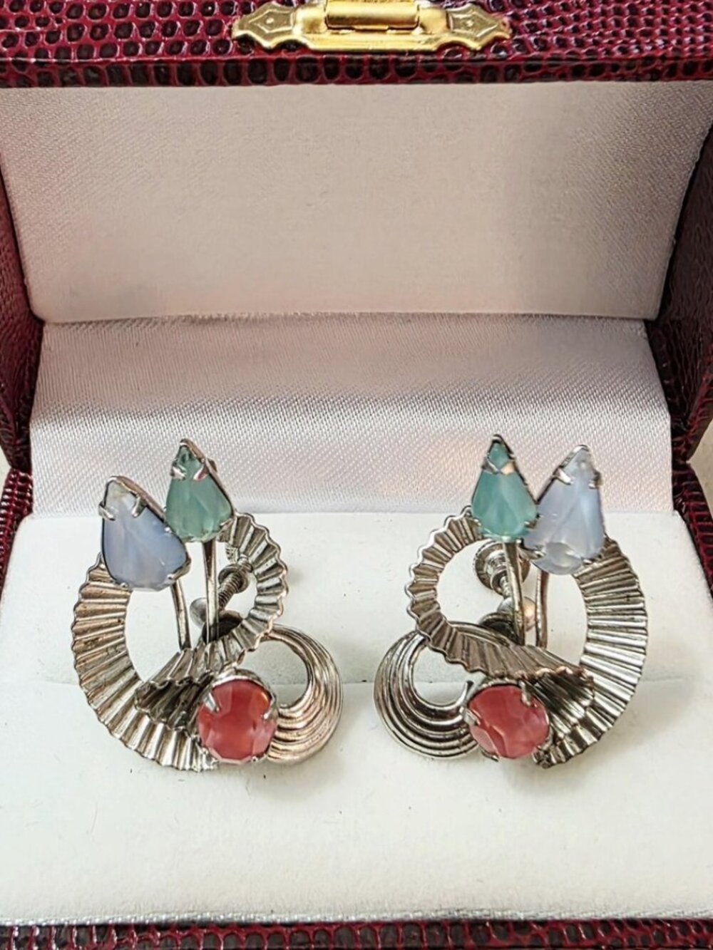 Vintage MCM Sterling Silver and Pastel Glass Screw-Back Earrings by Bond-Boyd